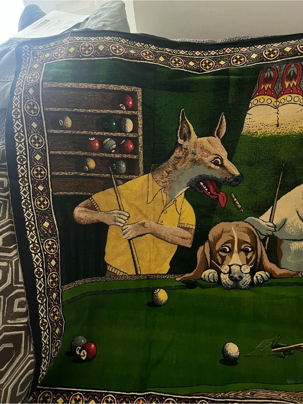 1970’s Dog Pool Hall Throw Tapestry Green, Brown, Tan